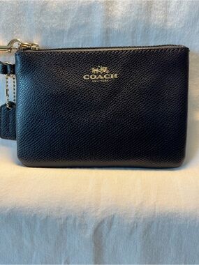 Coach Navy Blue Pebbled Leather Wristlet with Gold Logo and Hardware